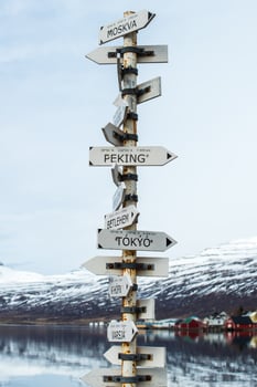 The country location sign at the shore of Eskifjordur town in East region of Iceland. photo
