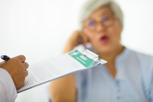 women patient having consultation with doctor or psychiatrist who working on diagnostic examination health disease or mental illness in hospital photo