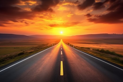 View of asphalt road with beautiful sunset in the evening. generative ai photo