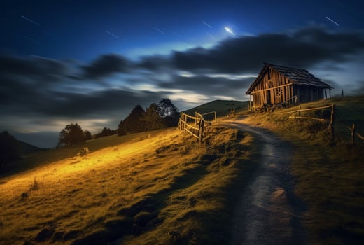 View of the hut on the hill, long exposure. generative ai photo