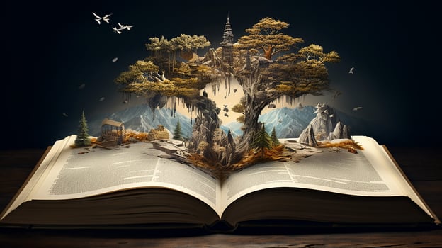 Mystical forest. Opened book with magic tree on dark background. Generative AI photo