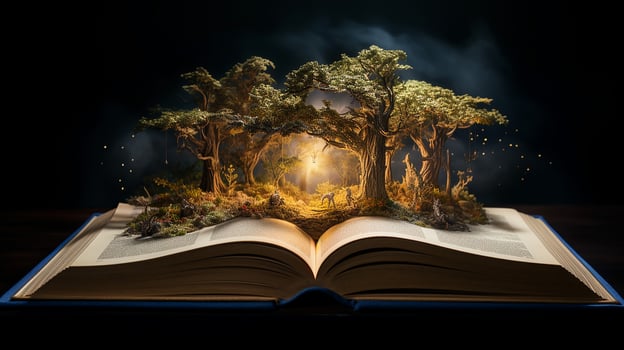 Mystical forest. Opened book with magic tree on dark background. Generative AI photo