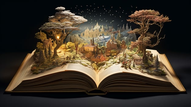 Fantasy landscape with a waterfall in the open book on dark background. Generative AI photo