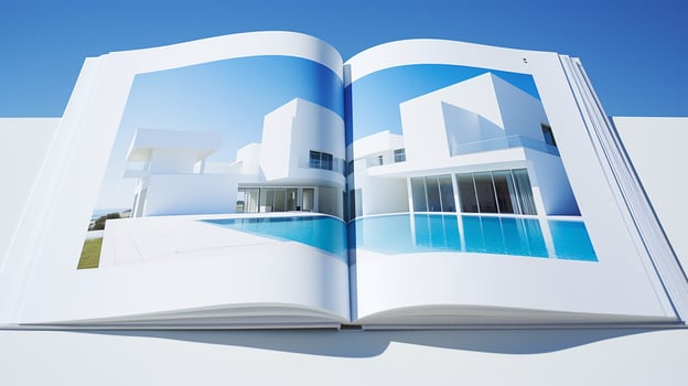 Open magazine with modern and minimalist building and blue sky. 3d rendering. photo