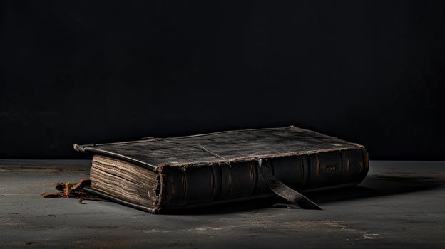 Old book on a black background. Vintage style. Toned. Generative AI photo