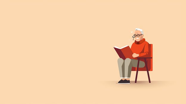 Old man reading a book while sitting in a chair. Vector illustration. Generative AI photo
