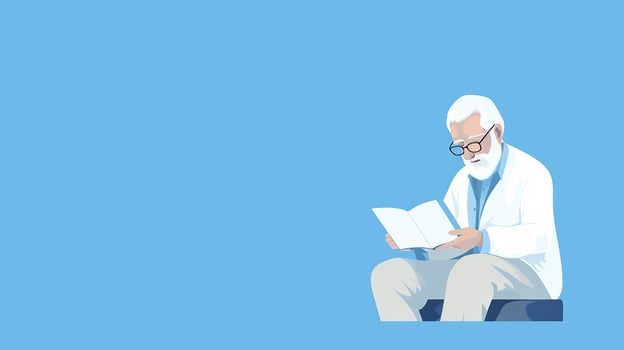 Old man reading a book while sitting in a chair. Vector illustration. Generative AI photo