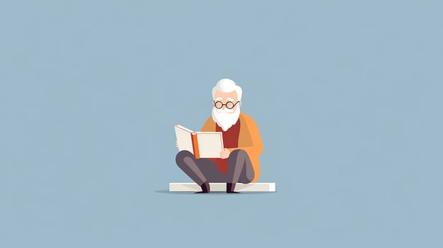 Old man reading a book while sitting in a chair. Vector illustration. Generative AI photo