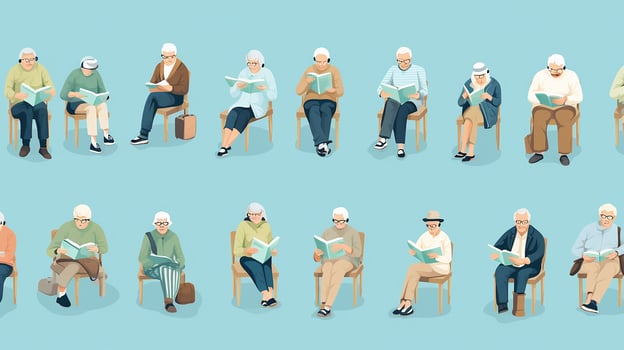 Elderly people sit on sofa and read books. Vector illustration. Generative AI photo