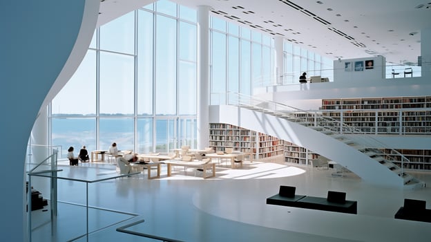 Interior of modern library with white walls, wooden floor, rows of bookcases and bookcases. 3d rendering. Generative AI photo