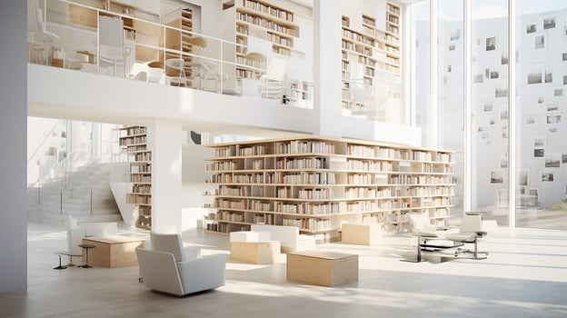 Interior of modern library with white walls, wooden floor, rows of bookcases and bookcases. 3d rendering. Generative AI photo