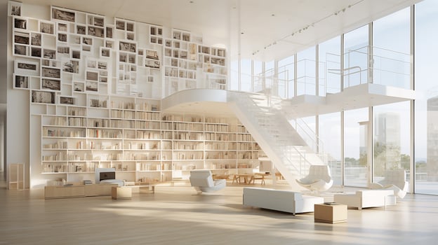Interior of modern library with white walls, wooden floor, rows of bookcases and bookcases. 3d rendering. Generative AI photo