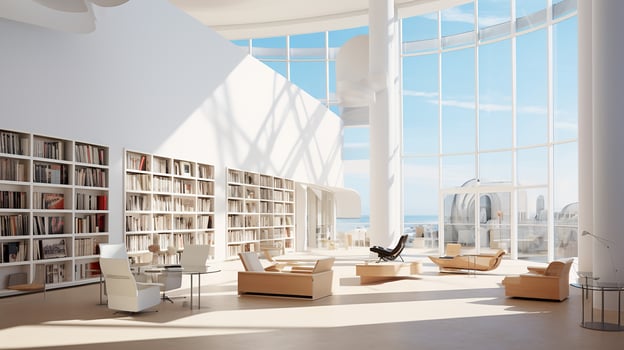 Interior of modern library with white walls, wooden floor, rows of bookcases and bookcases. 3d rendering. Generative AI photo