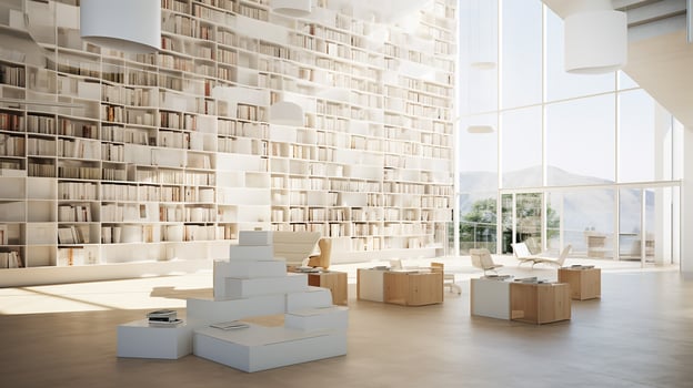 Interior of modern library with white walls, wooden floor, rows of bookcases and bookcases. 3d rendering. Generative AI photo