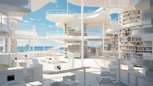 Interior of modern library with white walls, wooden floor, rows of bookcases and bookcases. 3d rendering. Generative AI photo