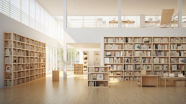 Interior of modern library with white walls, wooden floor, rows of bookcases and bookcases. 3d rendering. Generative AI photo