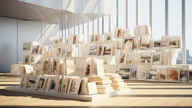 Interior of modern library with white walls, wooden floor, rows of bookcases and bookcases. 3d rendering. Generative AI photo