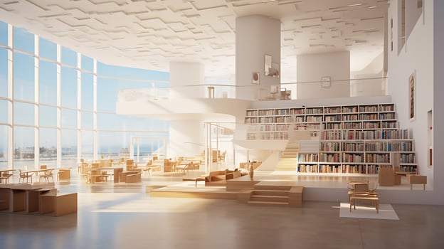 Interior of modern library with white walls, wooden floor, rows of bookcases and bookcases. 3d rendering. Generative AI photo