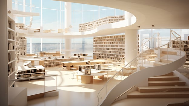 Interior of modern library with white walls, wooden floor, rows of bookcases and bookcases. 3d rendering. Generative AI photo