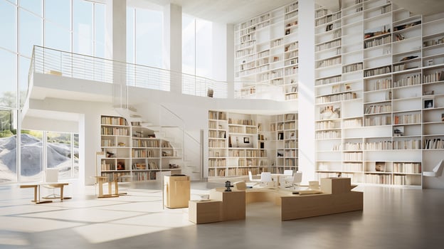 Interior of modern library with white walls, wooden floor, rows of bookcases and bookcases. 3d rendering. Generative AI photo