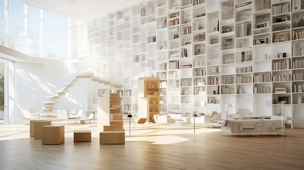 Interior of modern library with white walls, wooden floor, rows of bookcases and bookcases. 3d rendering. Generative AI photo