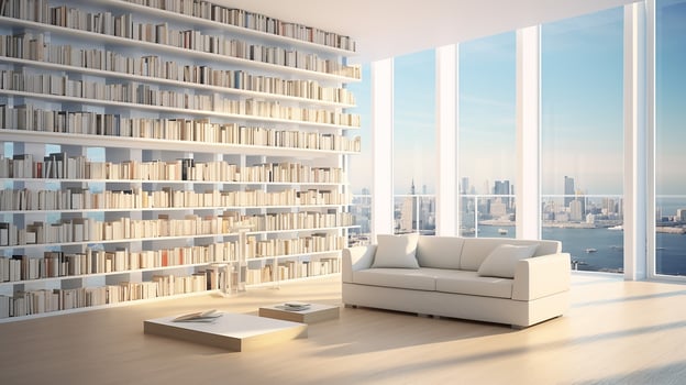 Interior of modern library with white walls, wooden floor, rows of bookcases and bookcases. 3d rendering. Generative AI photo