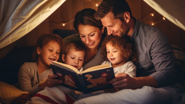 Happy family reading together photo
