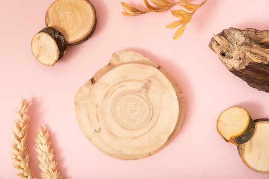 Podium or pedestal template mock up flat lay, top view. Autumn scene composition for cosmetics photo
