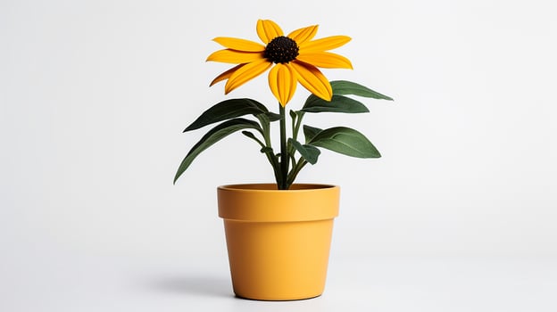 Photo of Black-Eyed Susan flower in pot isolated on white background. Generative AI