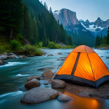 Panoramic view with camping tents in river, mountains and forest area concept in winter, summer and spring. Good for websites, blogs, social media, advertising, business etc. Ai generated image photo