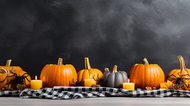 AI Generative Jack lantern on the table. Halloween night. Burning candles. Halloween background. photo