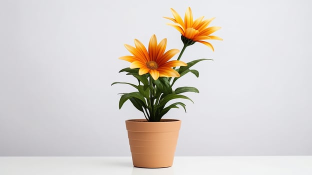 Photo of Gazania flower in pot isolated on white background. Generative AI