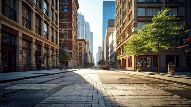Classical architecture and urban roads, empty road in the city, Generative AI illustration photo