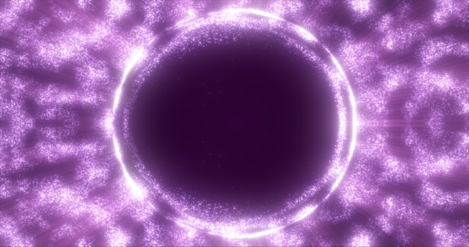 Abstract purple background from an energy blue magic ring of a round frame of glowing particles and waves of energy photo