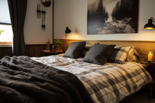 Double bed with duvet and cushions and decors. photo