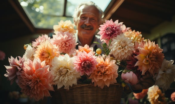 Wicker basket full of blooming flowers photo