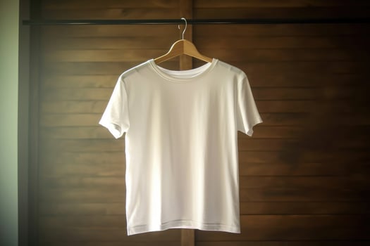 White T-shirt hanging on a hanger on a wooden background, real context. AI generated photo