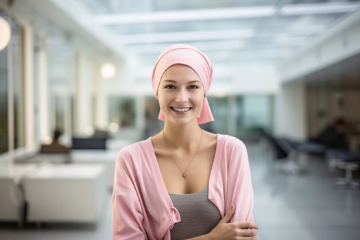 Happy cancer patient. Smiling woman after chemotherapy treatment at hospital oncology. Breast cancer recovery. Breast cancer survivor. Portrait smiling bald woman with a pink headscarf. Generative AI. photo