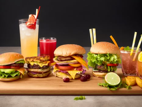Group of fresh summer cocktails and burger at wooden board isolated at black background. ai generated photo
