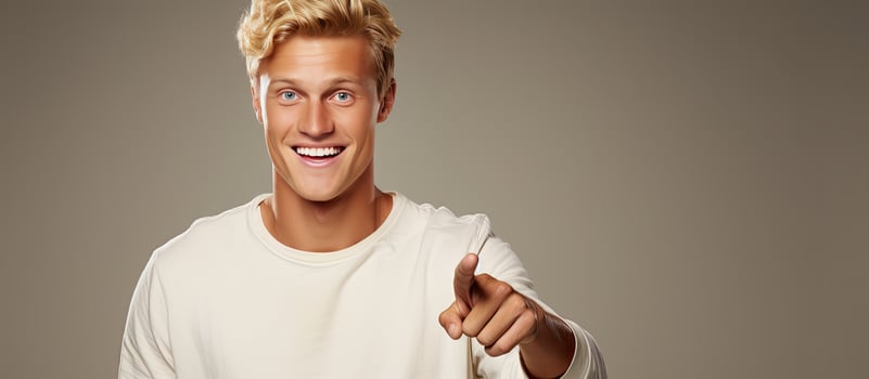 Cheerful young man pointing happily to object in copy space photo