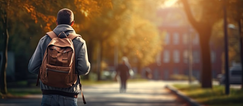 College student walking to university campus education banner concept photo