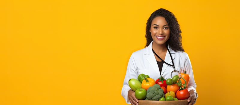 Charming doctor dressed in white holding a bowl of healthy food promoting nutrition and wellness on a yellow background photo