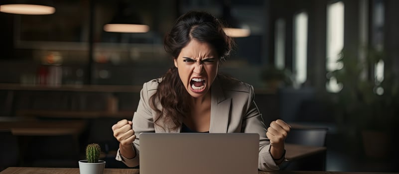 Frowning businesswoman working on laptop receiving video call or reading emails sitting at coworking space photo