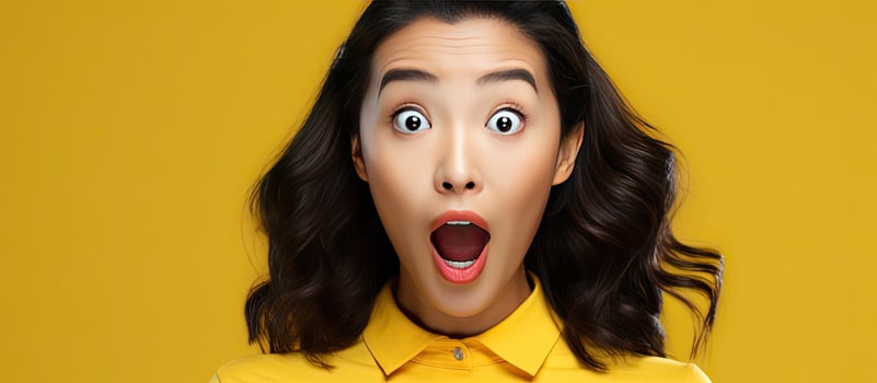 Asian woman smiling with excitement expressing joy and showcasing a product with expressive facial expressions isolated on yellow background photo