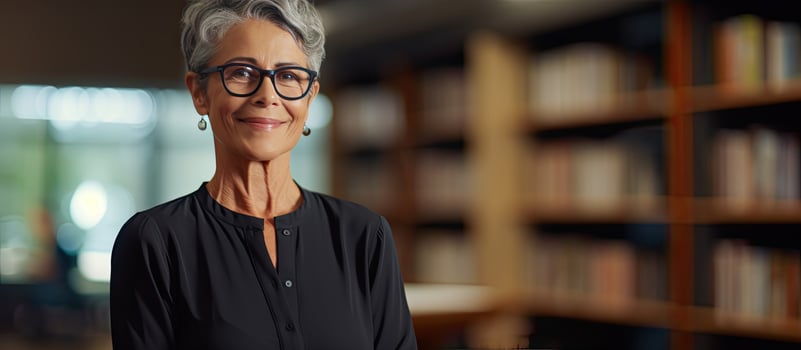 Senior librarian thinking while looking at a beautiful mature woman in the library reading hall photo