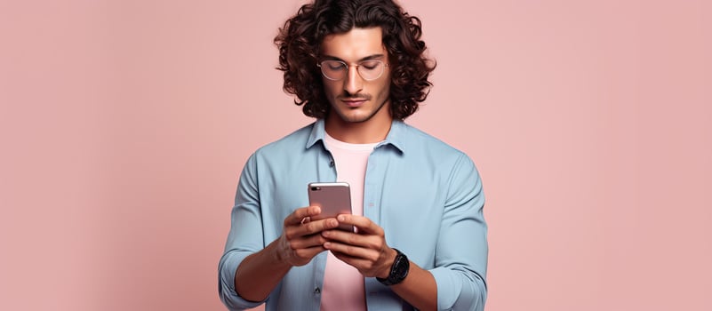 A young man in his twenties is using his phone to make online purchases and book a trip while holding a credit card photo