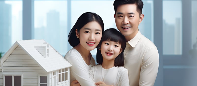 Asian family in new house with white plastic roof symbolizing new family housing with space for website banner photo