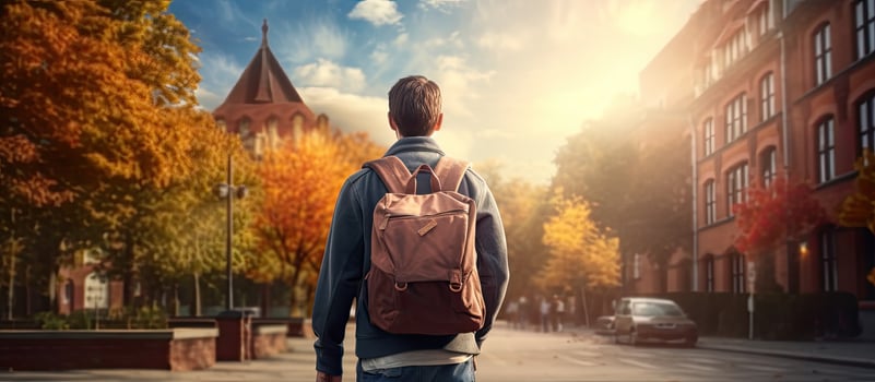 College student walking to university campus education banner concept photo
