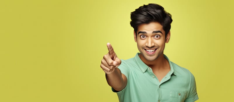 Smiling Indian man in 20s wearing a yellow t shirt encourages you with a pointing finger photo