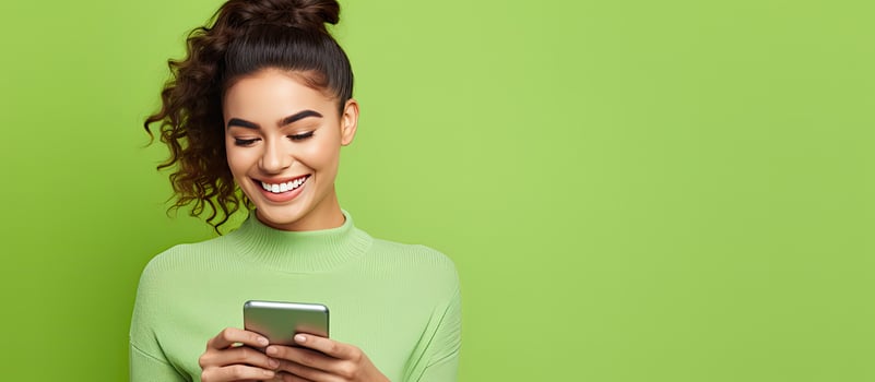 Attractive girl with device biting nail over green background photo